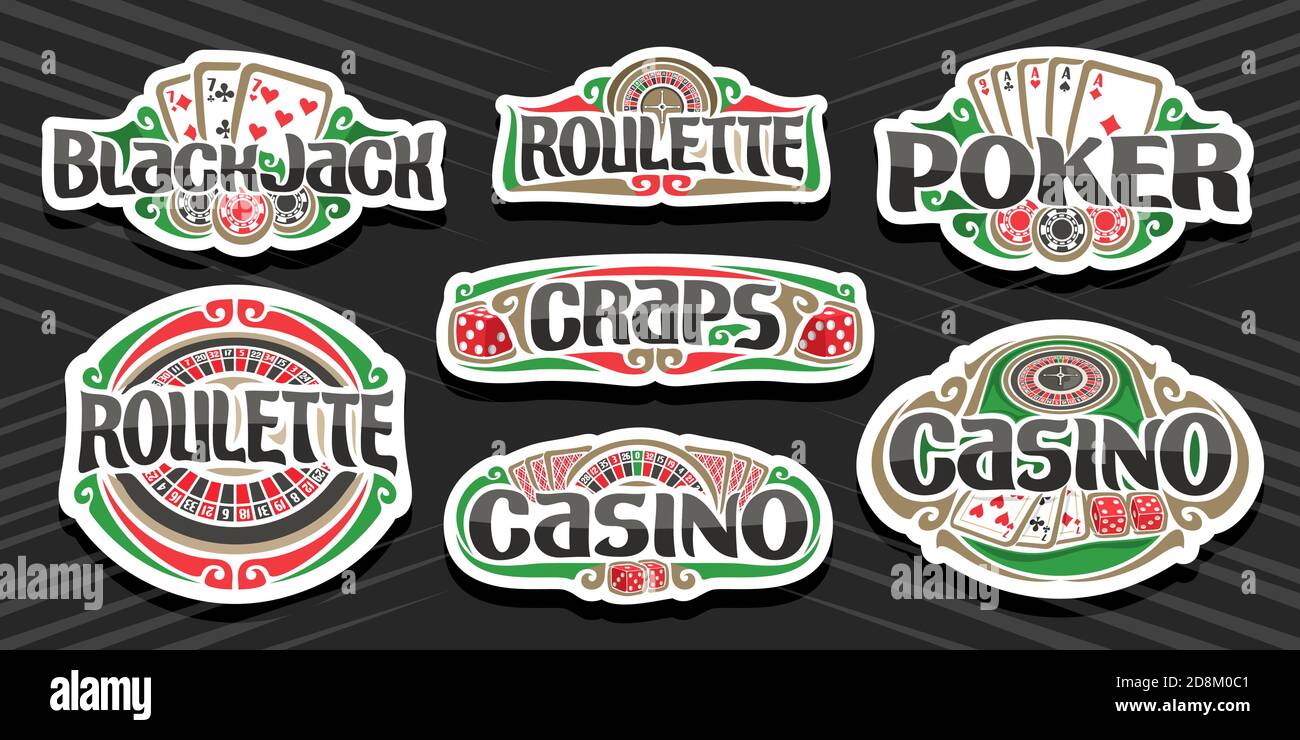 Vector Set of Gambling Logos, 7 etichette isolate con illustrazione di simboli di gioco, collezione di cartelloni decorativi con design vintage fiorire Illustrazione Vettoriale Vector Set of Gambling Logos, 7 etichette isolate con illustrazione di simboli di gioco, collezione di cartelloni decorativi con design vintage fiorire Illustrazione Vettoriale
