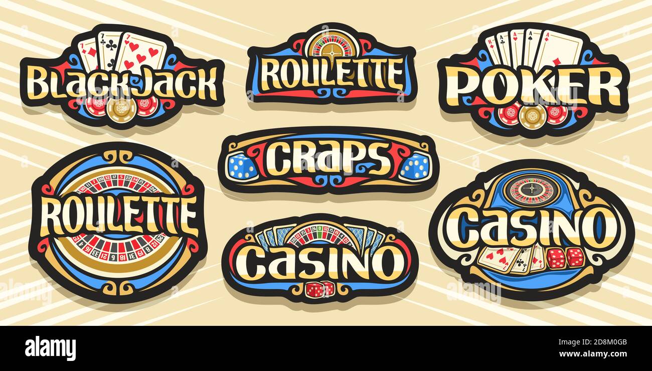 Vector Set of Gambling Logos, 7 etichette isolate con illustrazione di simboli di gioco, collezione di cartelloni decorativi con design vintage fiorire Illustrazione Vettoriale Vector Set of Gambling Logos, 7 etichette isolate con illustrazione di simboli di gioco, collezione di cartelloni decorativi con design vintage fiorire Illustrazione Vettoriale