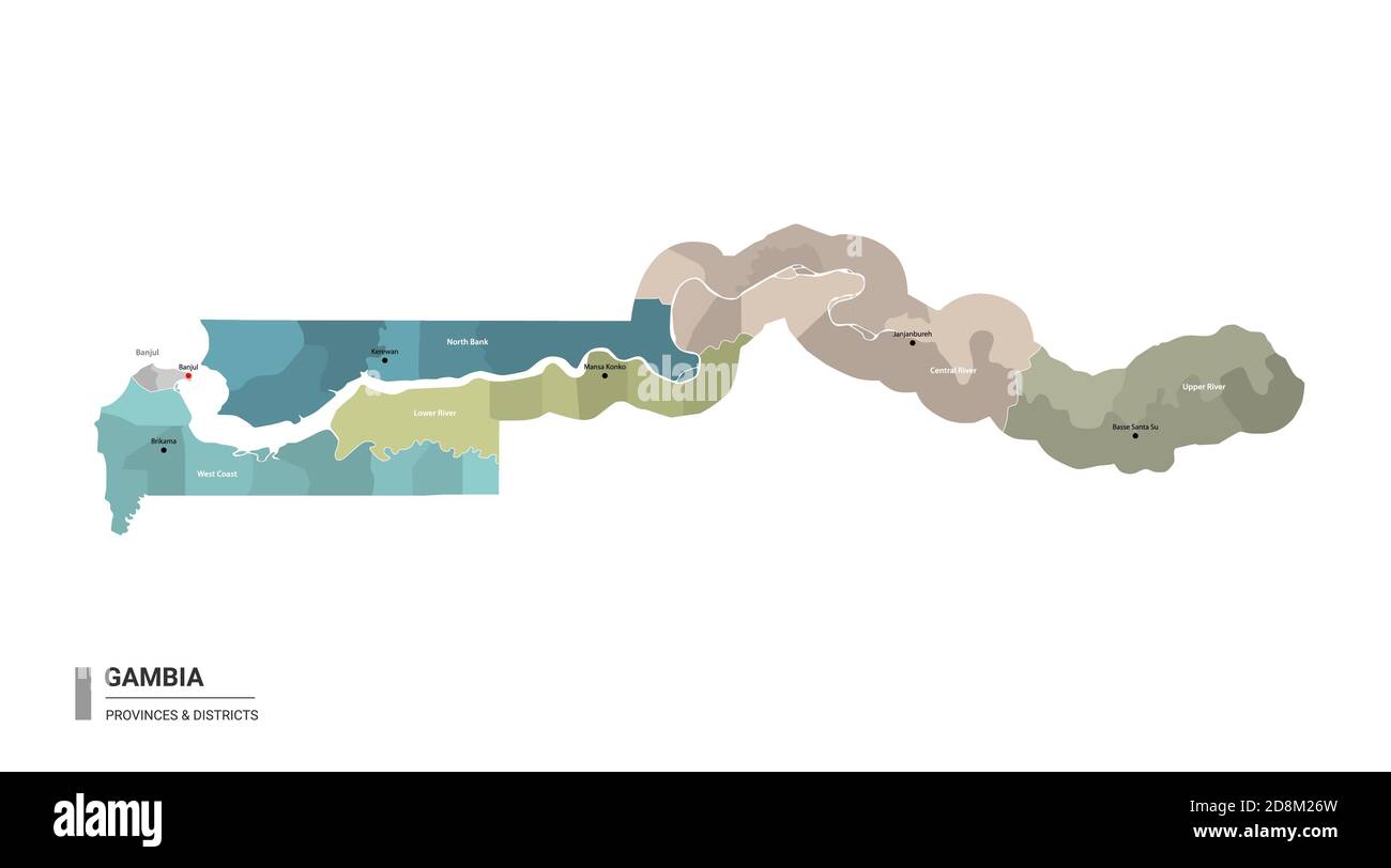 Gambia higt Mappa dettagliata con suddivisioni. Mappa amministrativa della Gambia con il nome dei distretti e delle città, colorata per stati e distretto amministrativo Illustrazione Vettoriale