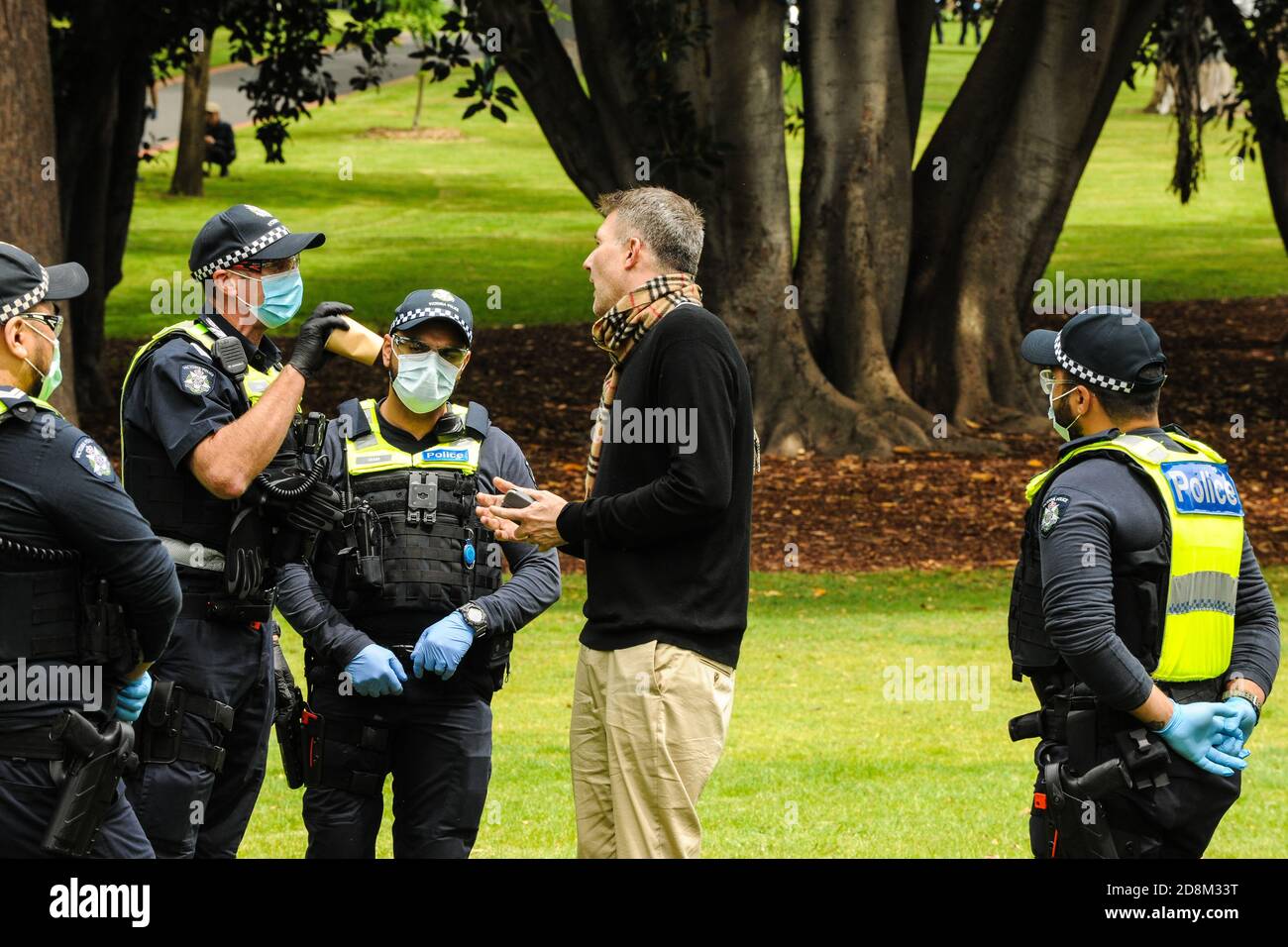 Melbourne, Australia 31 ottobre 2020, un ufficiale di polizia prende un protestante per fare in modo che i Treasury Gardens si littino durante un'azione di polizia per interrompere un piccolo numero di proteste anti-governative. Credit: Michael Currie/Alamy Live News Foto Stock