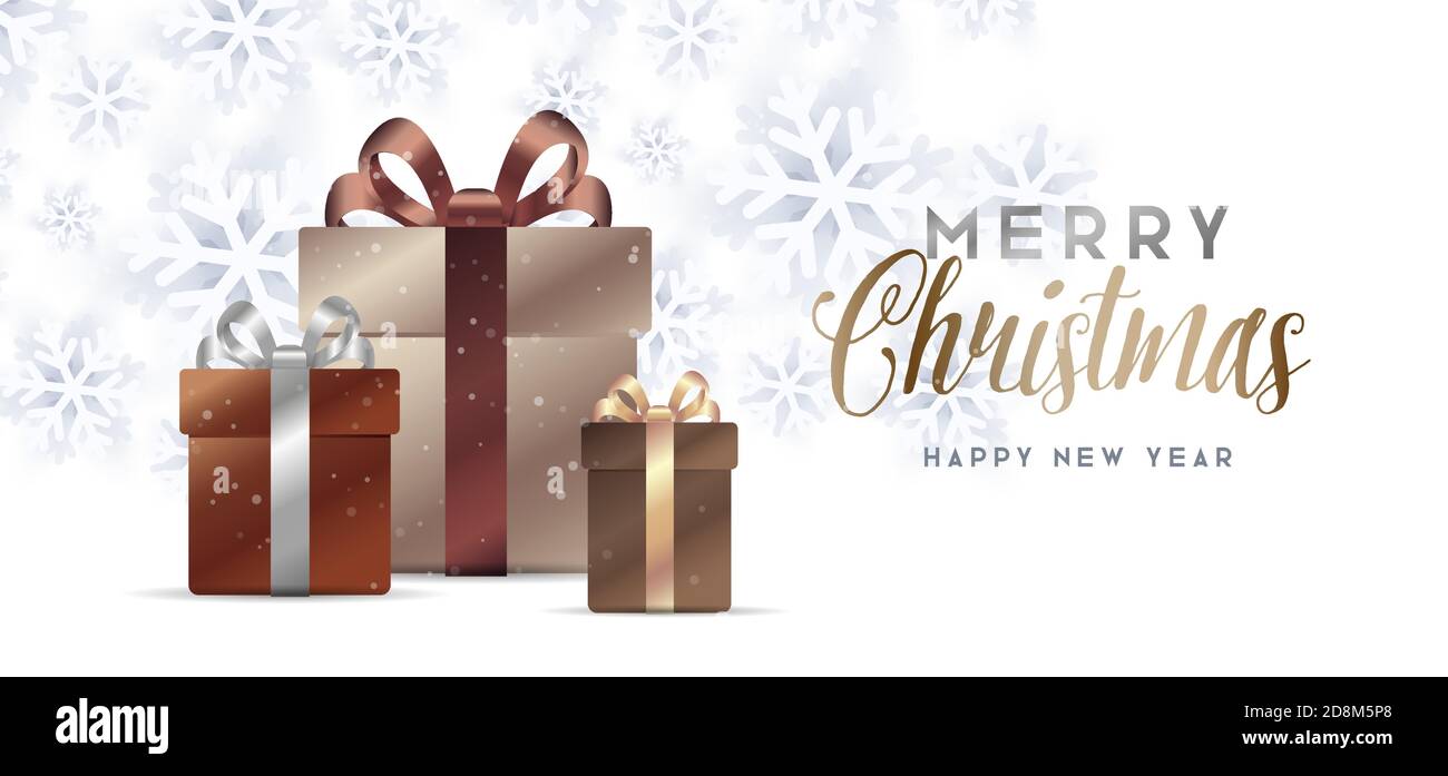 Buon Natale e felice anno nuovo biglietto d'auguri con fiocchi di neve bianchi e di lusso confezione regalo illustrazione, calligrafia congratulazioni Illustrazione Vettoriale