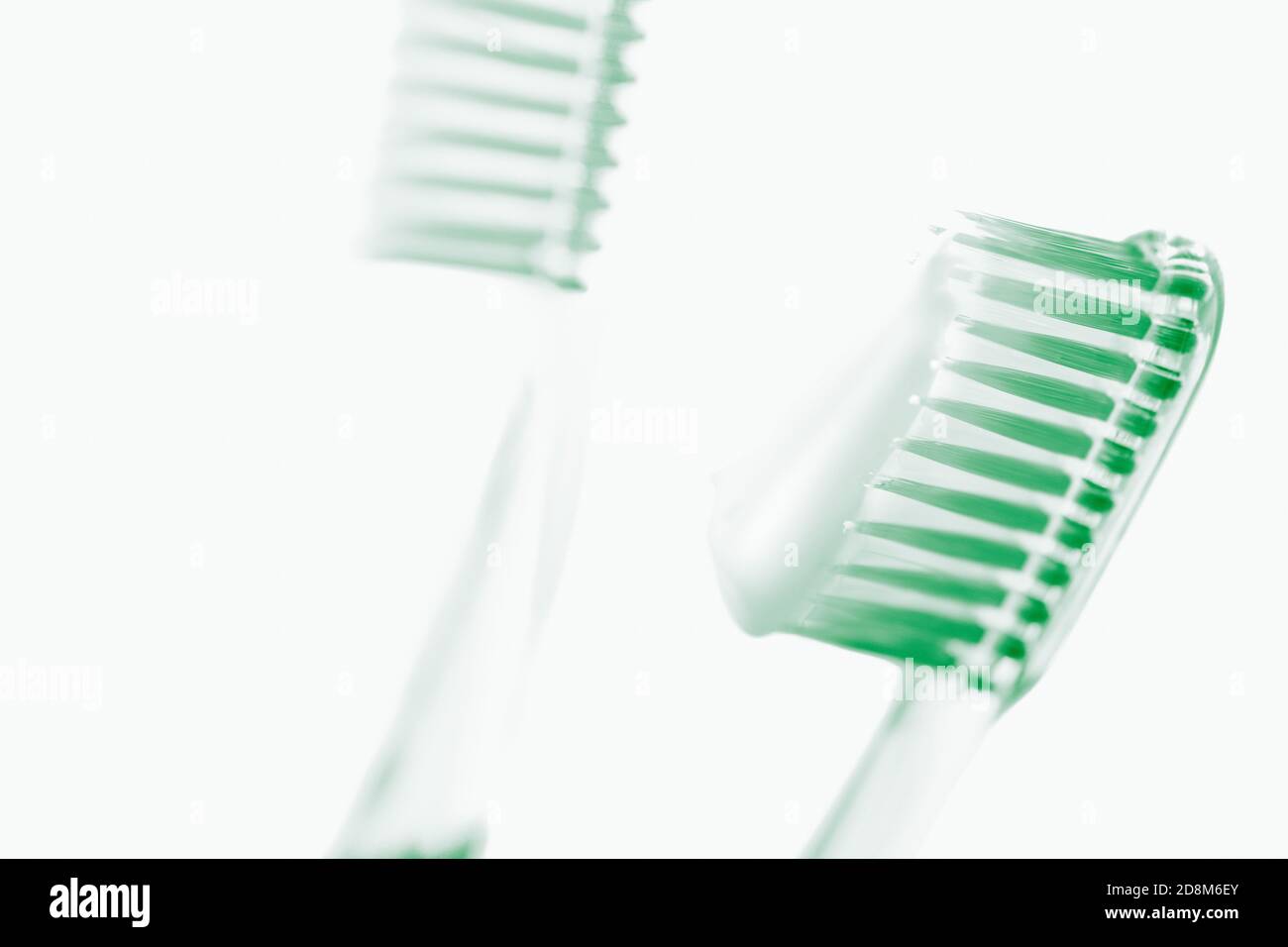 Due spazzolini verdi in plastica con dentifricio su sfondo bianco. Foto Stock