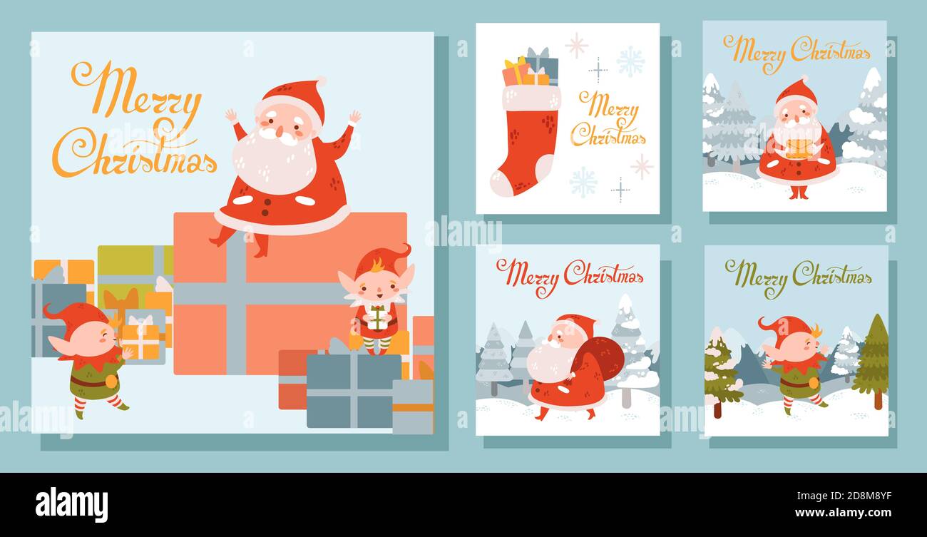 Set di illustrazioni della piazza di Natale con Santa e elfi. Paesaggio invernale Illustrazione Vettoriale