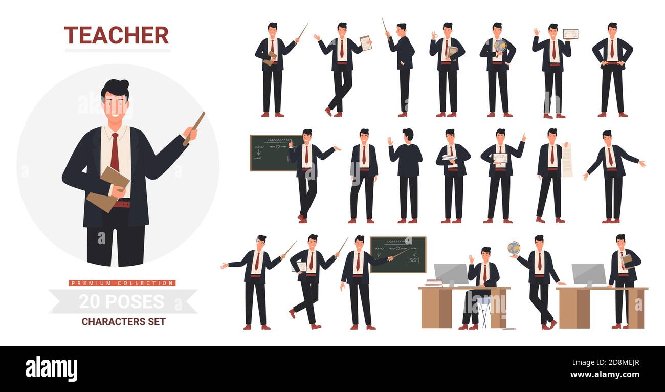 Insegnante uomo pone insieme di illustrazione vettoriale. Cartoon professionale insegnante di scuola maschile o professore di carattere che tiene un puntatore o libri, in piedi accanto alla lavagna in posizioni di insegnamento isolato su bianco Illustrazione Vettoriale