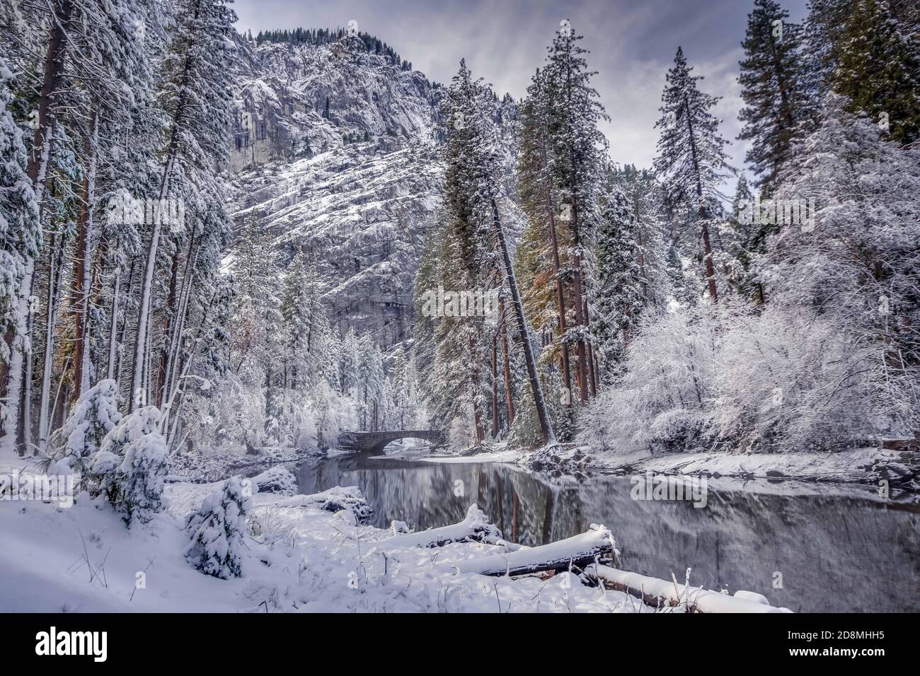 Yosemite Valley in neve e nebbia Foto Stock