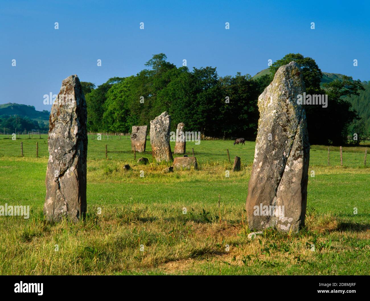 Vista NE della posizione a forma di X delle pietre in piedi allineate NE-SW alla S di Temple Wood Stone Circles, Nether Largie, Kilmartin, Scozia, Regno Unito. Foto Stock