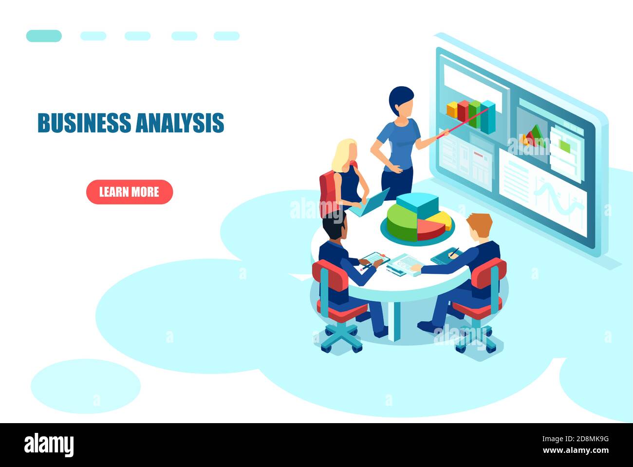 Vettore di uomini d'affari che siedono al tavolo lavorando sull'analisi e la pianificazione di business di strategia finanziaria. Illustrazione Vettoriale