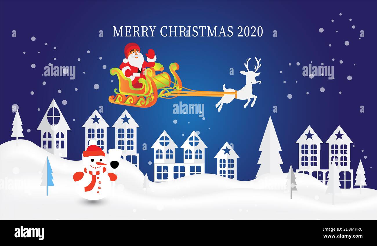 Carta da lettere bello Merry Natale 2020 edificio e paesaggio con casa, renne, pupazzo di neve, albero, Babbo Natale e cervi battenti sfondo vecto Foto Stock