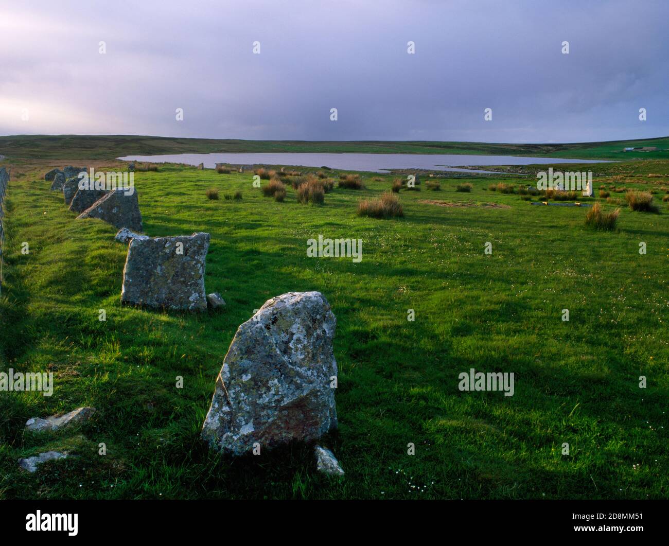 Achavanich lungo (68 x 30 m), a forma di ferro di cavallo, impostazione in pietra dell'età del bronzo guardando N verso l'estremità chiusa e Loch Stemster, Caithness, Scozia, Regno Unito. Foto Stock