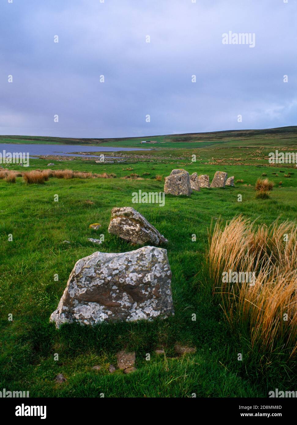 Achavanich Bronze Age, pietra a forma di ferro di cavallo che guarda NE lungo l'estremità chiusa della forma a U, Loch Stemster, Caithness, Scozia, Regno Unito. Foto Stock