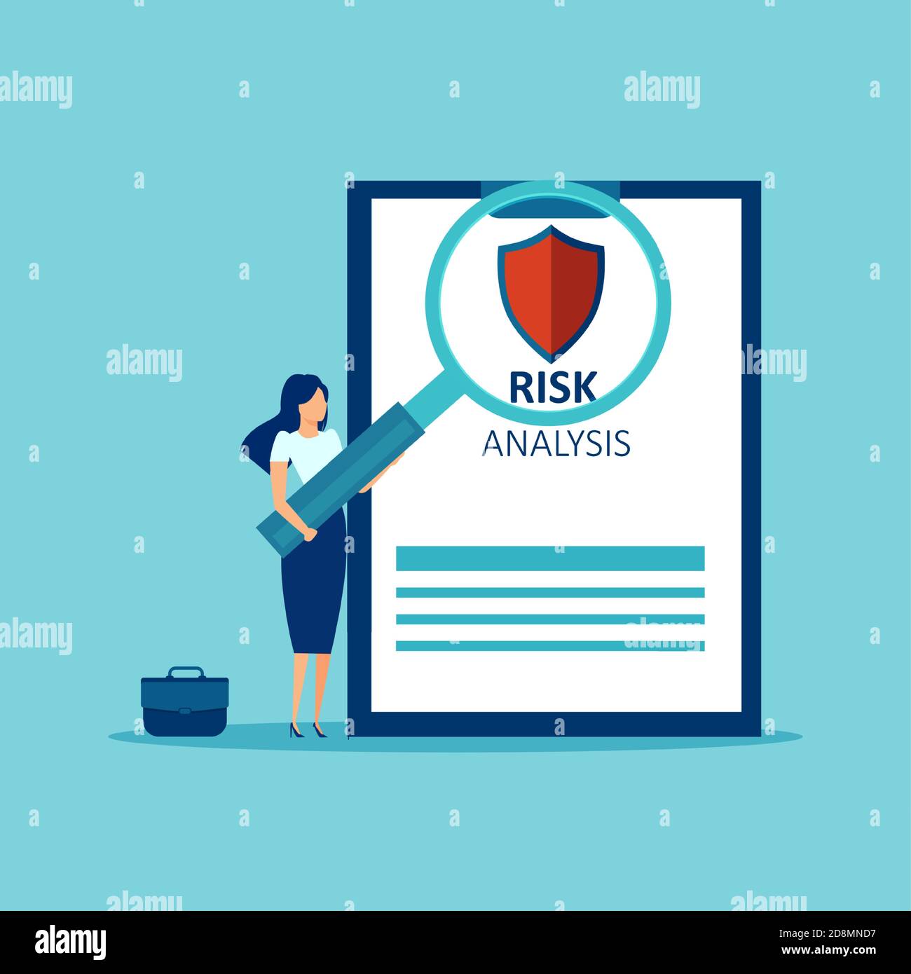 Concetto di analisi del rischio. Vettore di una donna d’affari con lente d’ingrandimento che analizza i rischi di investimento Illustrazione Vettoriale