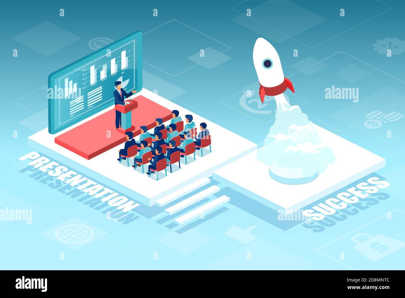 Vettore di un gruppo di uomini d'affari che ascoltano la presentazione iniziale, rapporto finanziario Illustrazione Vettoriale