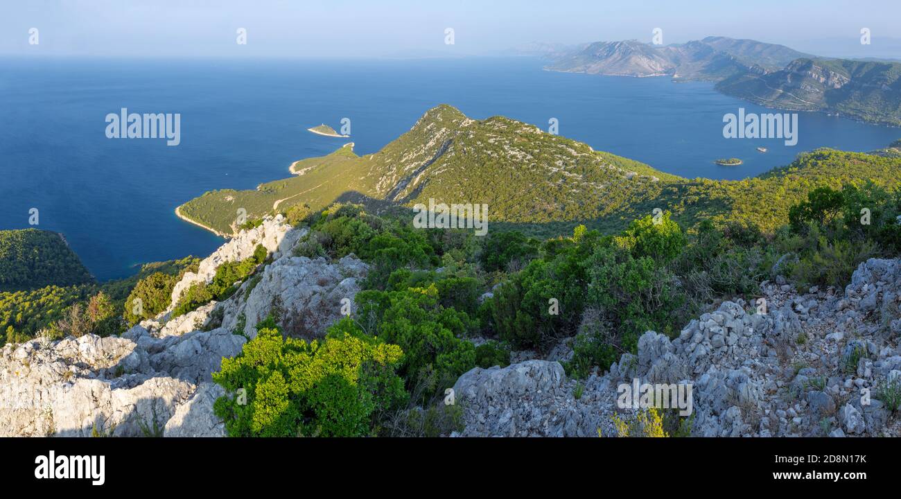 Croazia - il paesaggio panamatico e la costa della penisola di Peliesac vicino Zuliana da Sveti Ivan picco all'alba Foto Stock