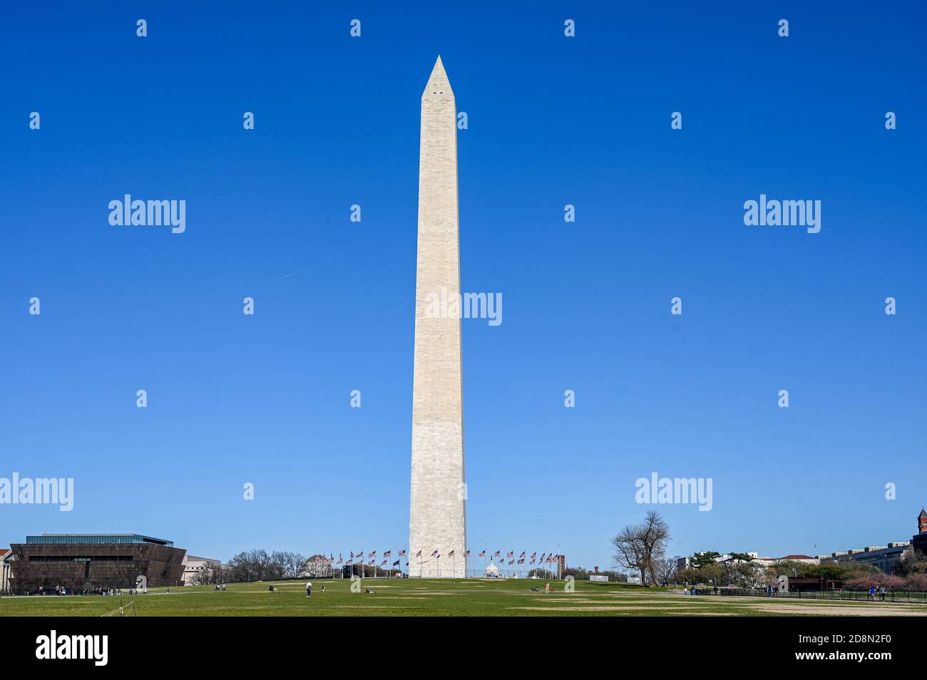 Monumento di Washington visto dal National Mall durante la primavera del 2019. A 169 metri era l'edificio più alto del mondo fino alla Torre Eiffel. Foto Stock