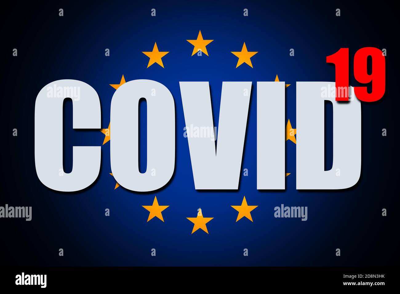 Scritta COVID-19 sulla bandiera dell'Unione europea. Foto Stock