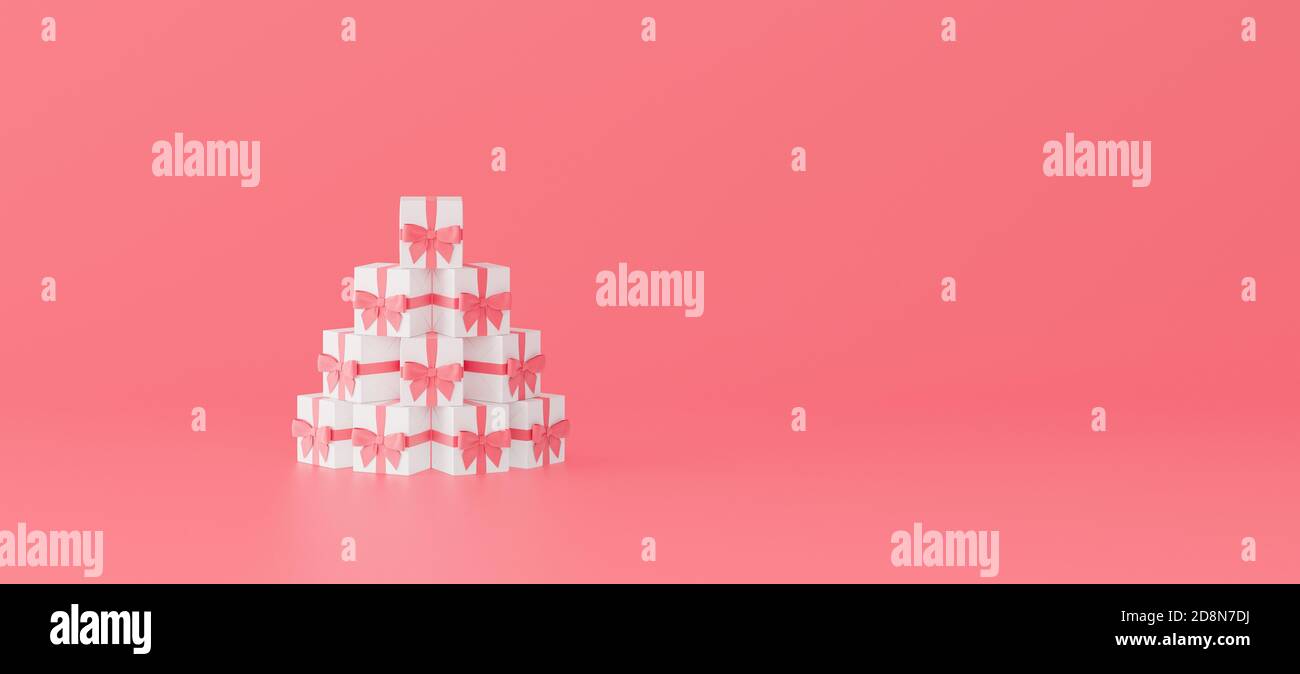 Scatole regalo bianche con nastri rosa, Celebration, Capodanno, Natale e compleanno sfondo con copia spazio 3d rendering illustrazione 3d Foto Stock