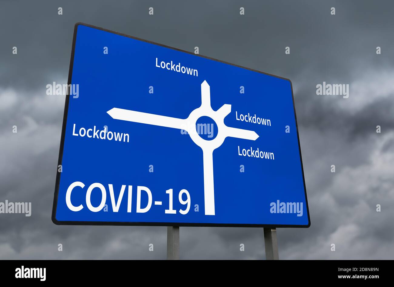 Segnale stradale che illustra tutte le aree dell'Inghilterra sono in blocco nazionale a causa della pandemia di Coronavirus COVID-19. Concetto di blocco. Foto Stock