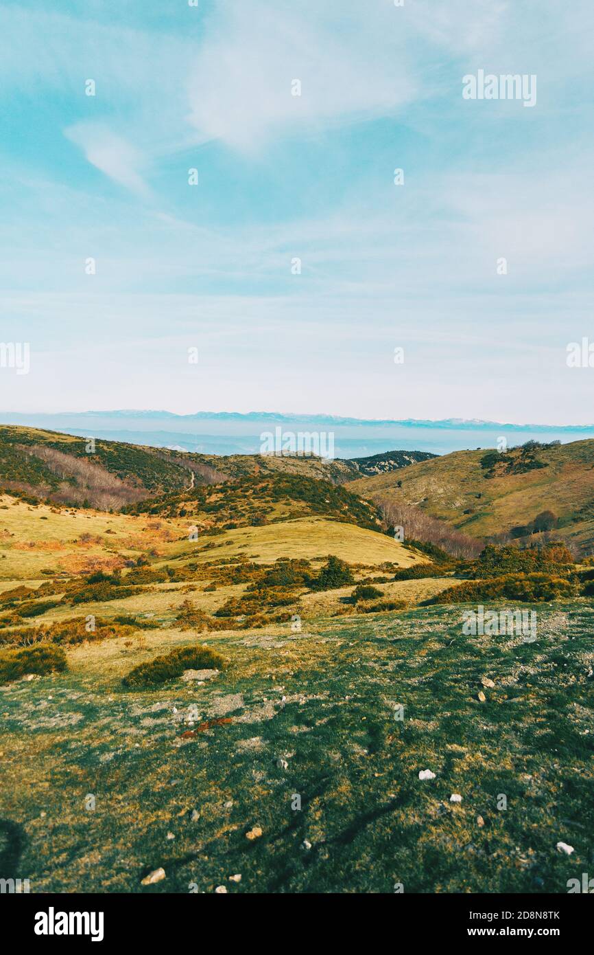 Vista di un paesaggio con alcune colline giallastre ricoperte di arbusti verdi Foto Stock