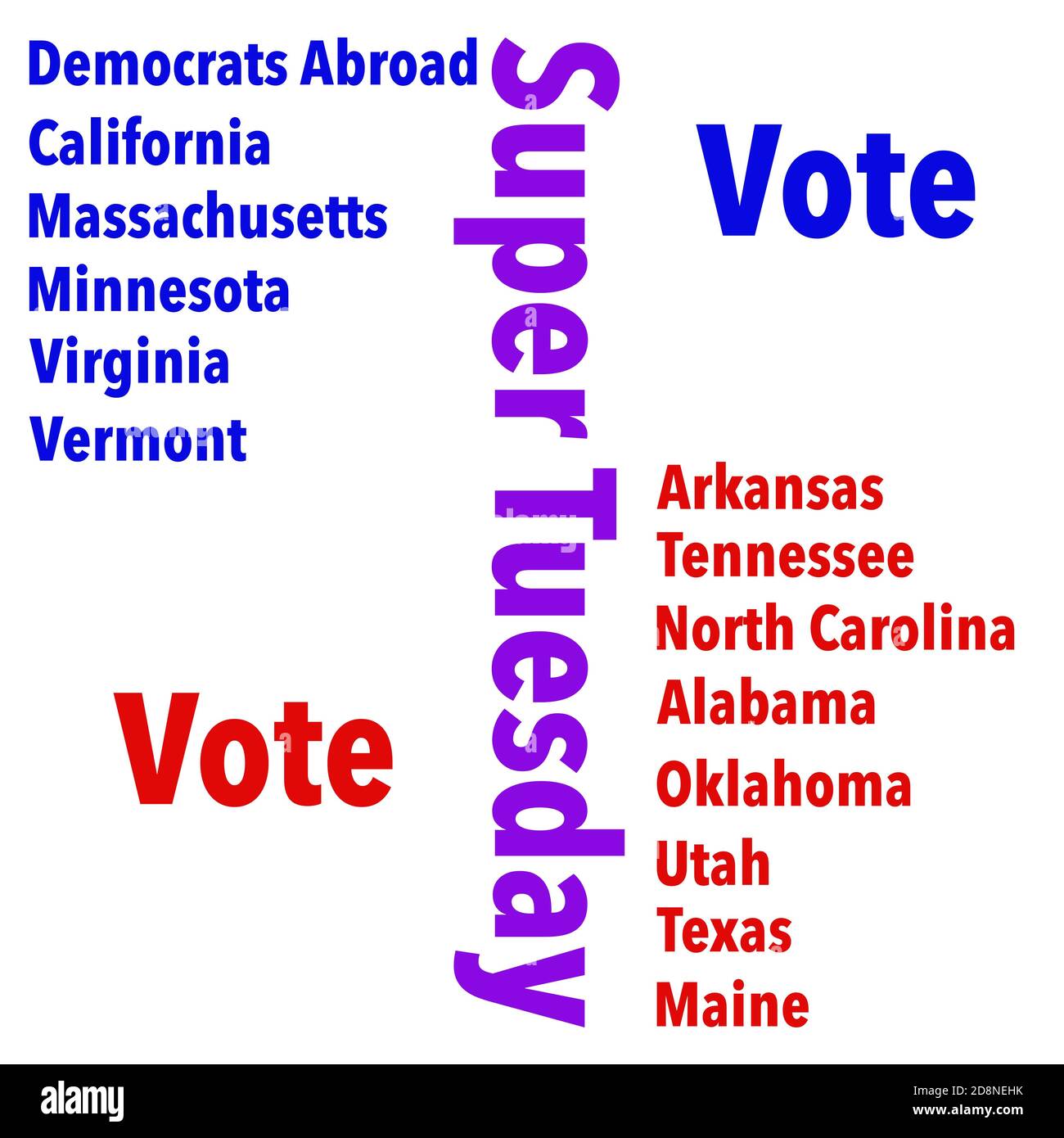 L'illustrazione elenca gli stati che tengono i voti primari su Super Tuesday Foto Stock