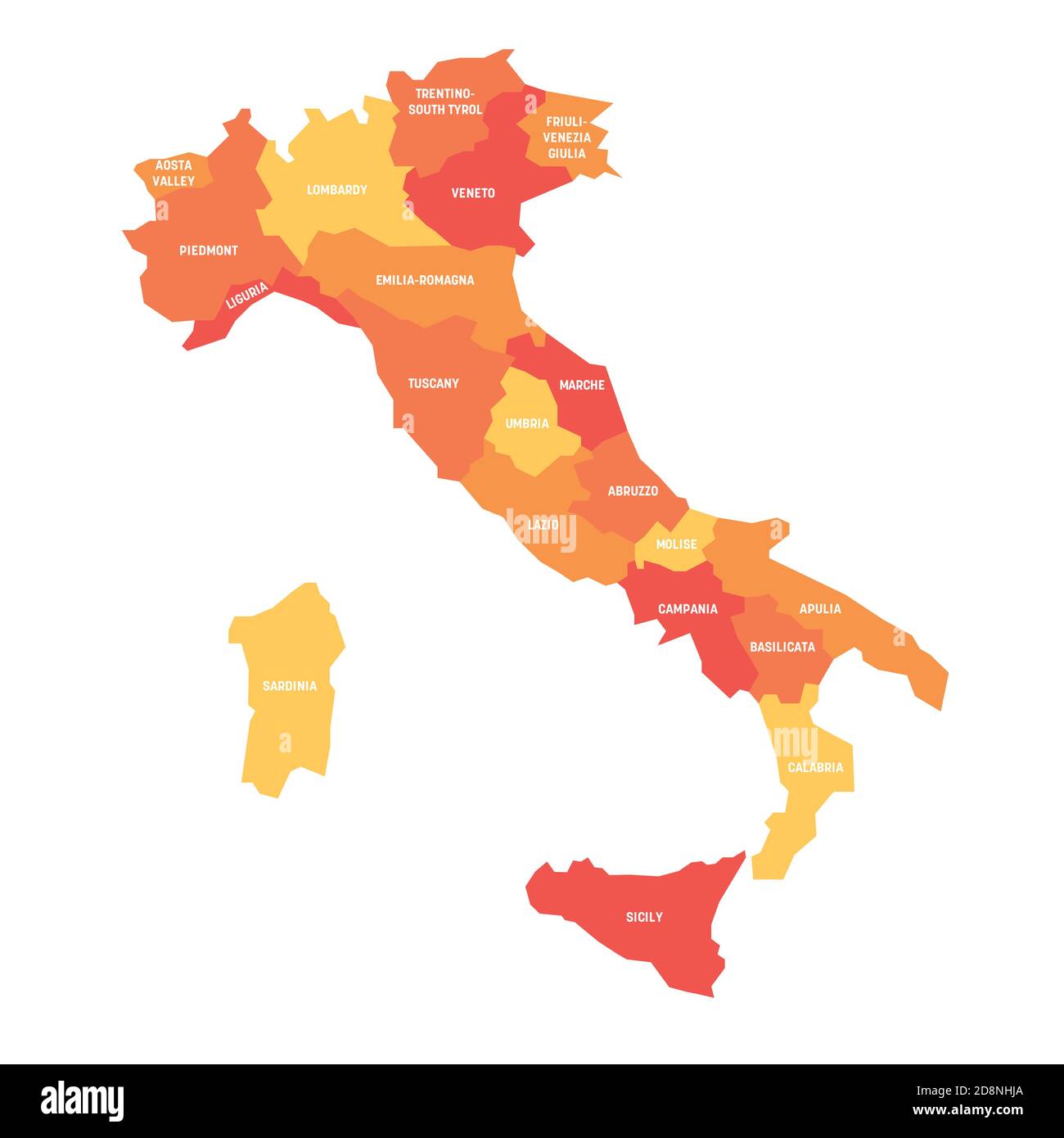 Mappa arancione dell'Italia divisa in 20 regioni amministrative. Etichette bianche. Semplice illustrazione vettoriale piatta. Illustrazione Vettoriale Mappa arancione dell'Italia divisa in 20 regioni amministrative. Etichette bianche. Semplice illustrazione vettoriale piatta. Illustrazione Vettoriale
