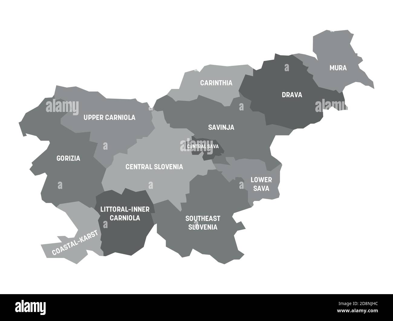 Mappa politica grigia della Slovenia. Divisioni amministrative - regioni statistiche. Semplice mappa vettoriale piatta con etichette. Illustrazione Vettoriale