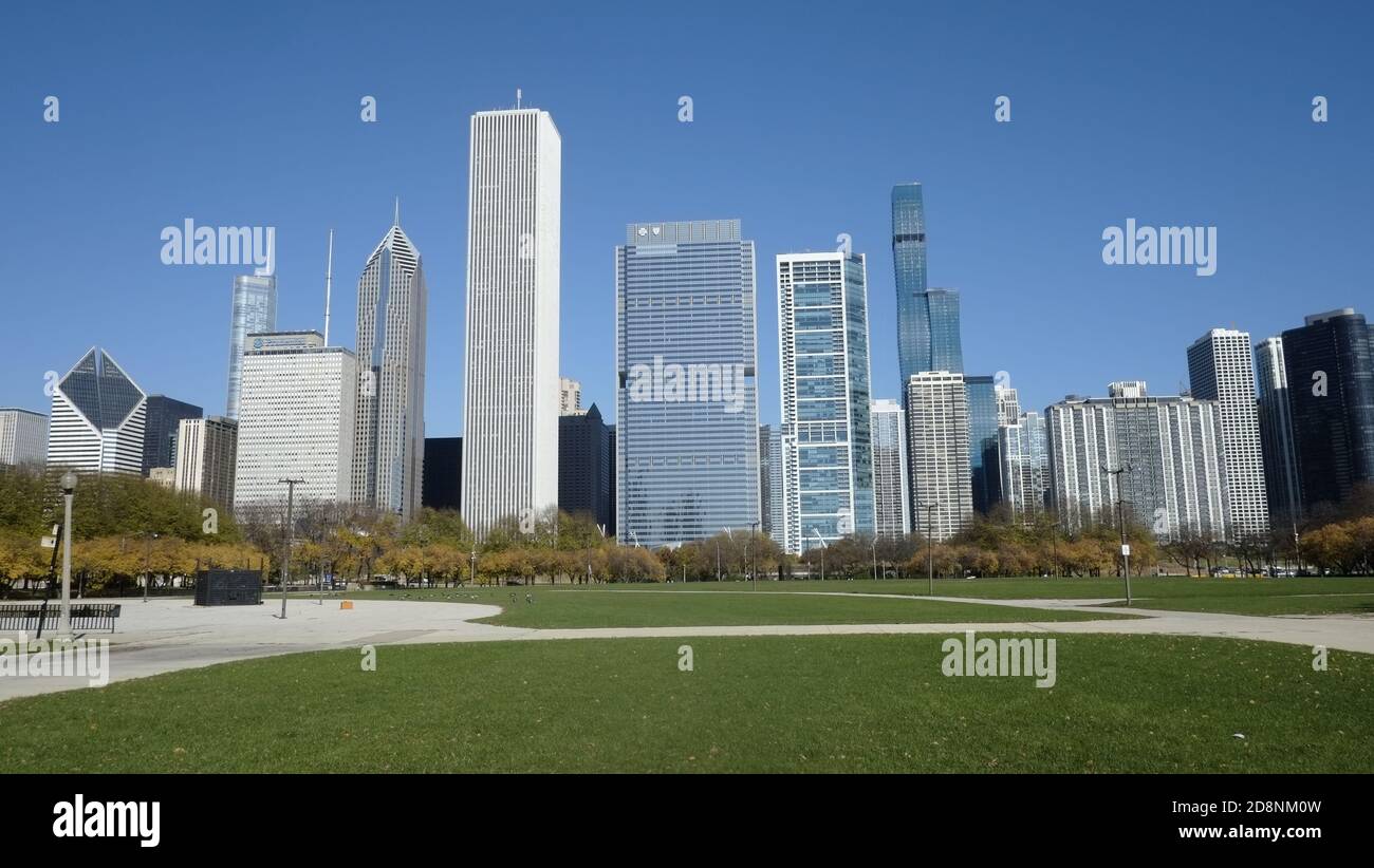 Chicago, Illinois, torri di uffici del centro con erba verde in primo piano Foto Stock