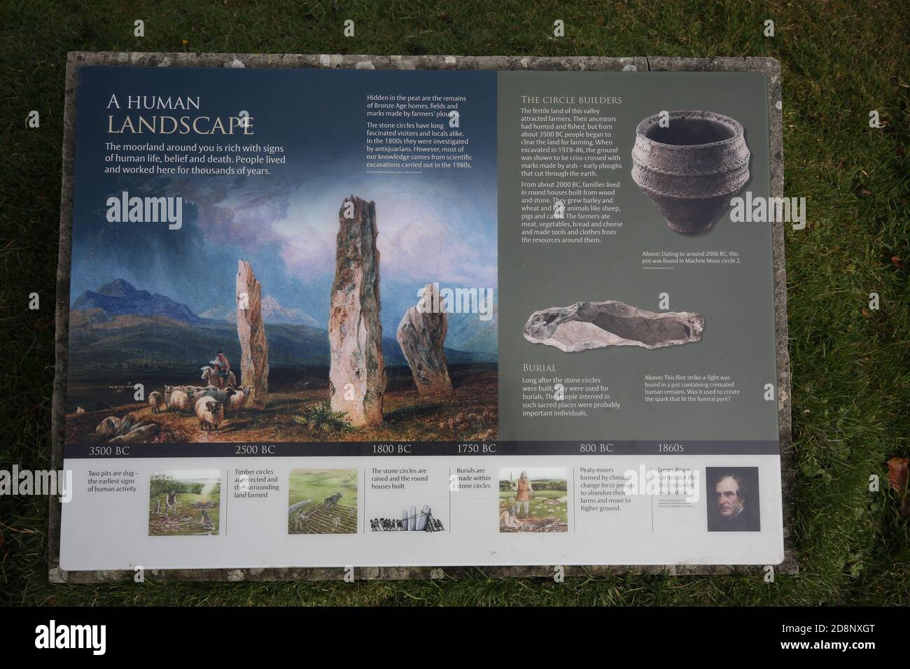 Isola di Arran, Ayrshire, Scozia, UK , Machrie Moor Stone Circle e pietre in piedi dal 3500 al 1500 a.C. Scheda informativa sui Monumenti programmati Foto Stock