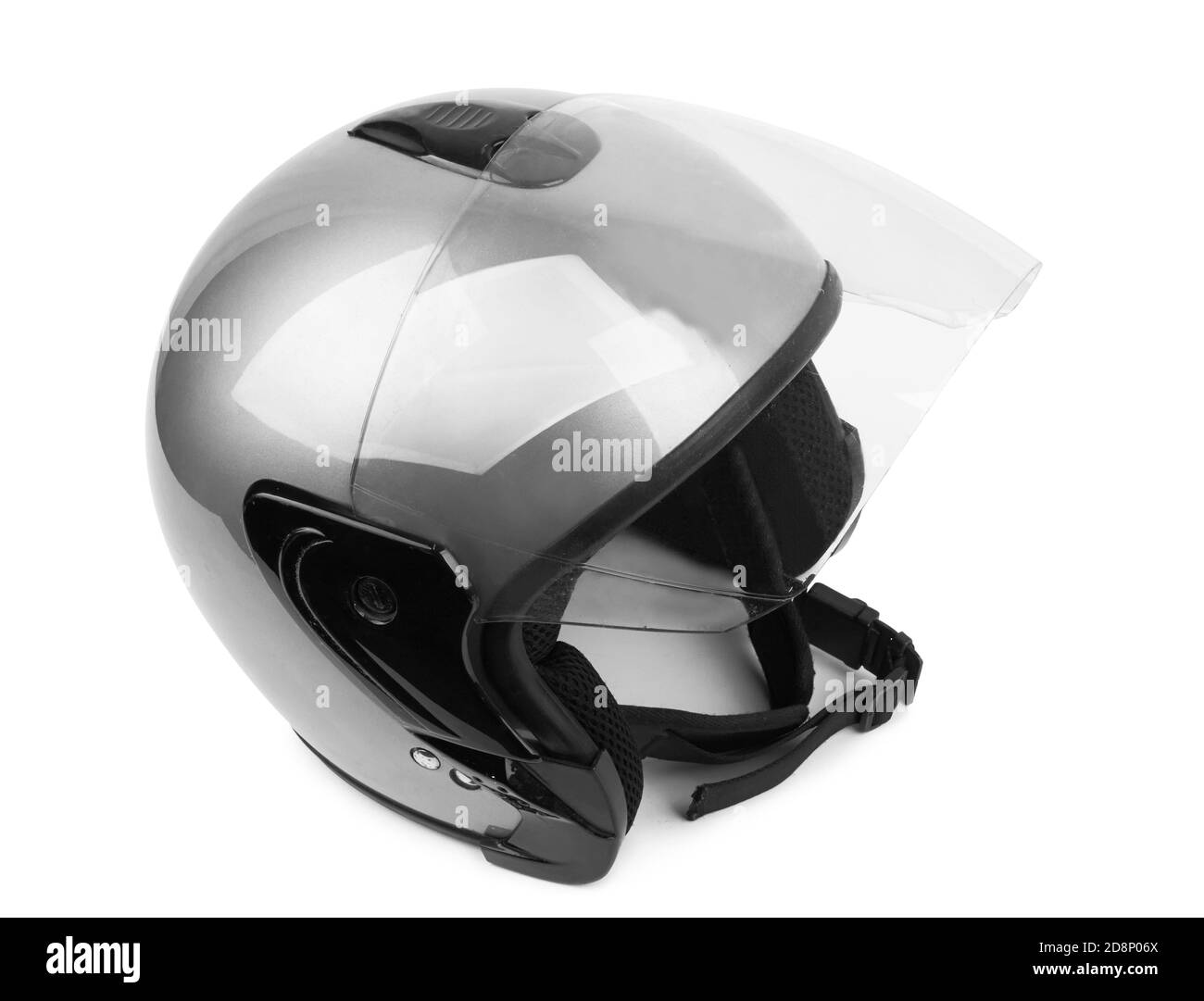 Casco grigio per moto isolato su sfondo bianco Foto Stock