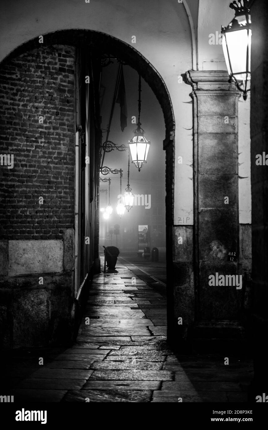 Torino, la notte, la nebbia Foto Stock