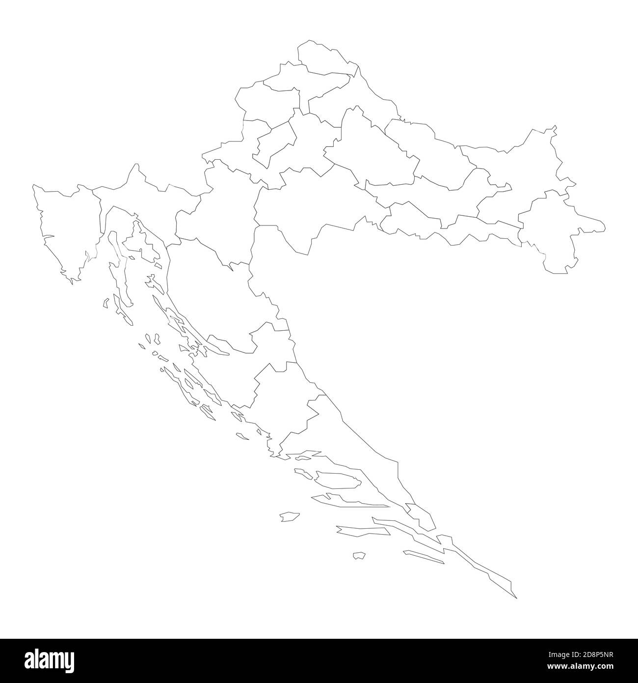 Mappa politica vuota della Croazia. Divisioni amministrative - contee. Semplice mappa vettoriale con contorno nero Illustrazione Vettoriale