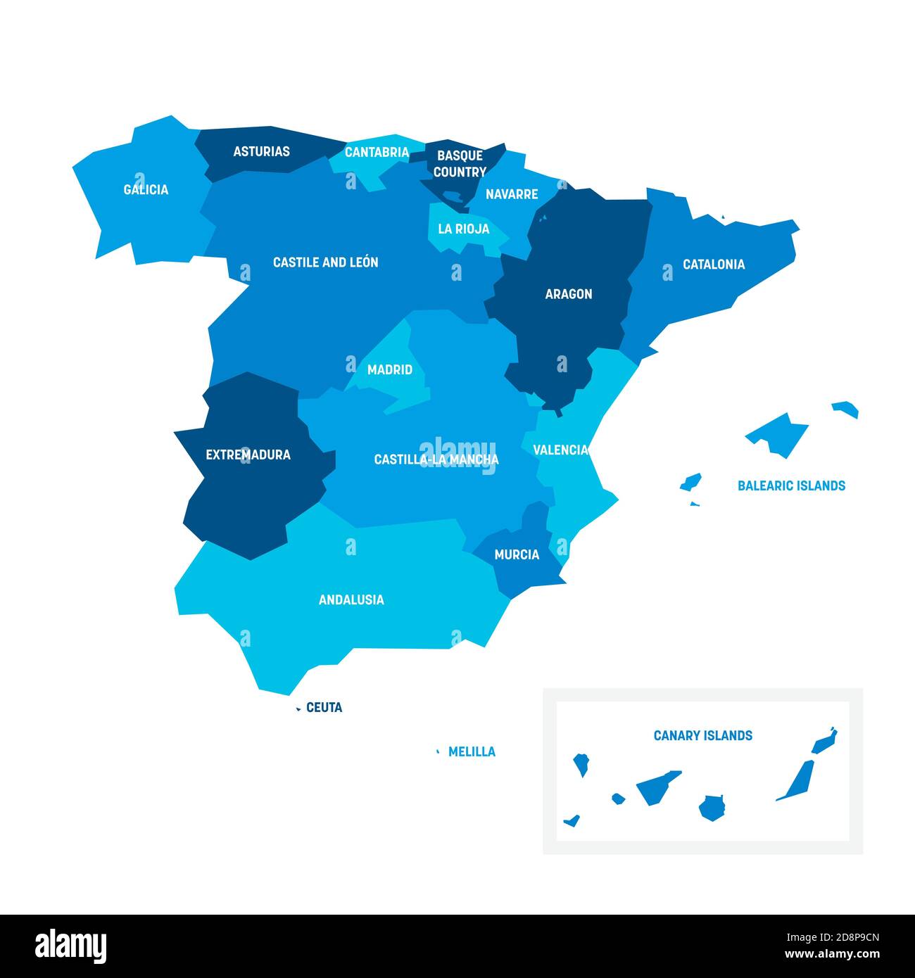 Mappa politica blu della Spagna. Divisioni amministrative - comunità autonome. Semplice mappa vettoriale piatta con etichette. Illustrazione Vettoriale