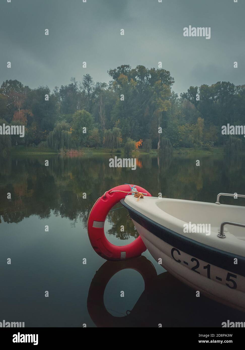 Moody sfondo autunno con una barca sulle acque calme del lago con un vibrante anello rosso di vita. Alberi cadenti colorati che si riflettono sulla superficie dello stagno in un c Foto Stock