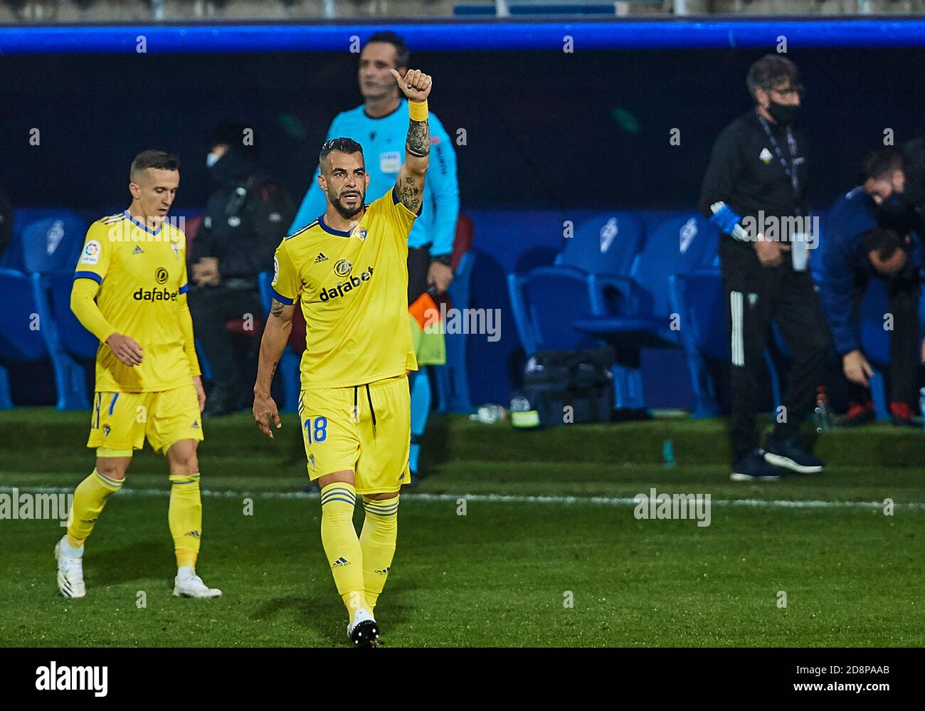 Salvi Sanchez e Alvaro Negredo di Cadice festeggiano durante il Campionato spagnolo la Liga partita di calcio tra SD Eibar SAD E Cadiz CF su Octo C. Foto Stock