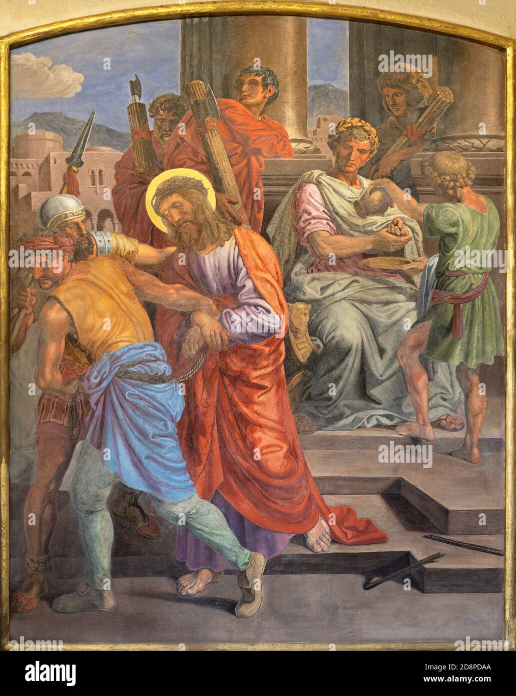 VIENNA, AUSTIRA - 22 OTTOBRE 2020: L'affresco di Gesù prima di Pilato come parte della stazione della Via Crucis nella chiesa di San Giovanni Nepomuk. Foto Stock