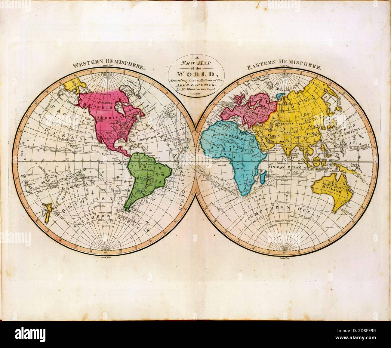 Mappa degli emisferi orientali e occidentali da una mappa del 1799 in un antico atlante, fuori diritto d'autore Foto Stock