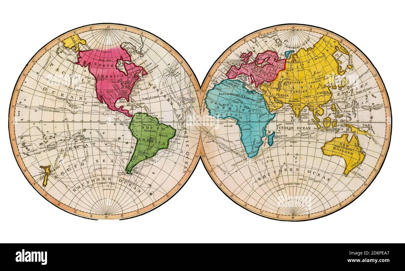 Mappa degli emisferi orientali e occidentali da una mappa del 1799 in un antico atlante, fuori diritto d'autore Foto Stock