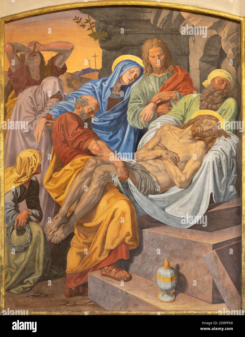 VIENNA, AUSTIRA - 22 OTTOBRE 2020: L'affresco della sepoltura di Gesù come parte della stazione della Via Crucis nella chiesa di San Giovanni Nepomuk di Josef Furlich. Foto Stock