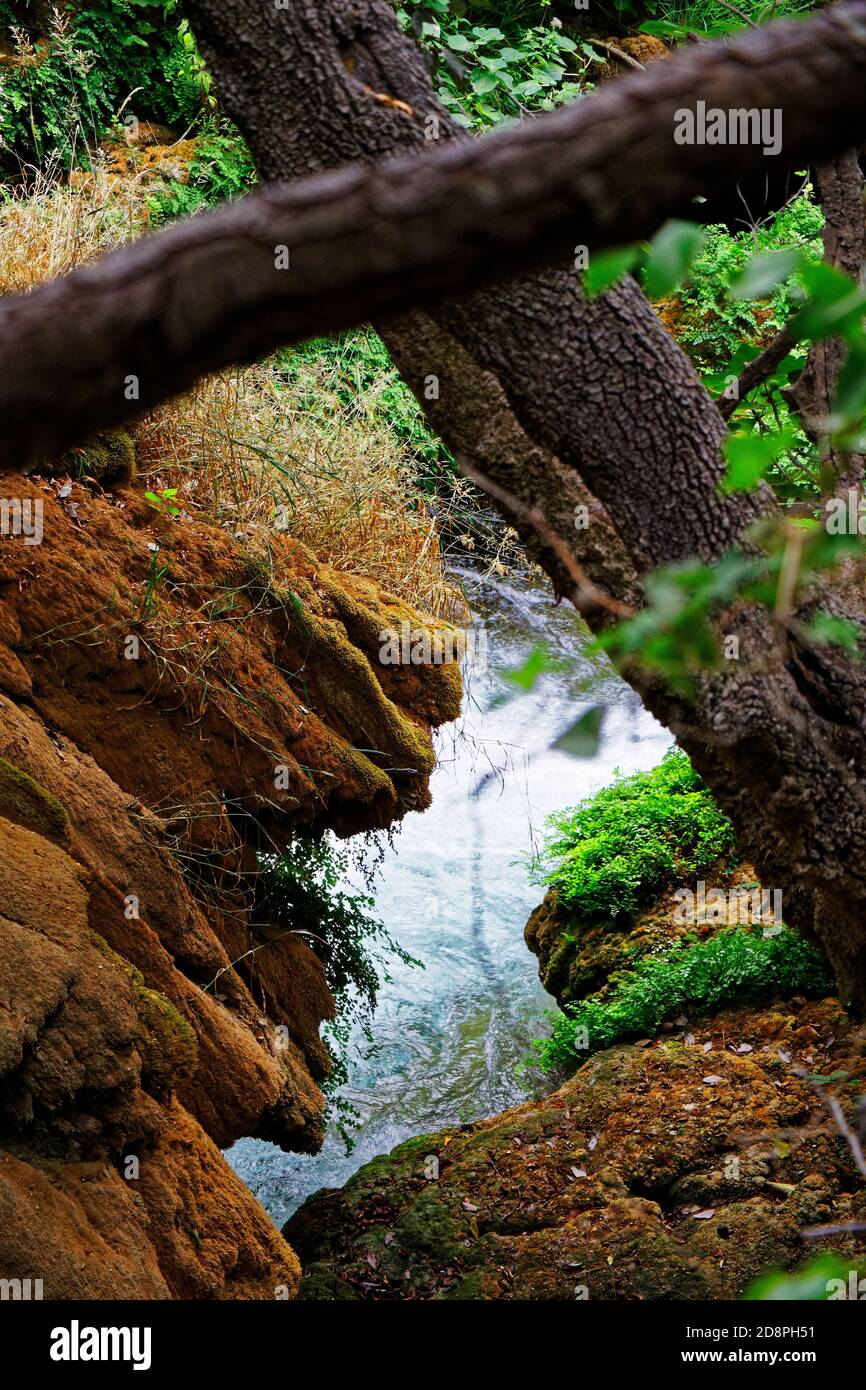 Vista sul fiume attraverso rocce e tronchi di alberi caduti Foto Stock