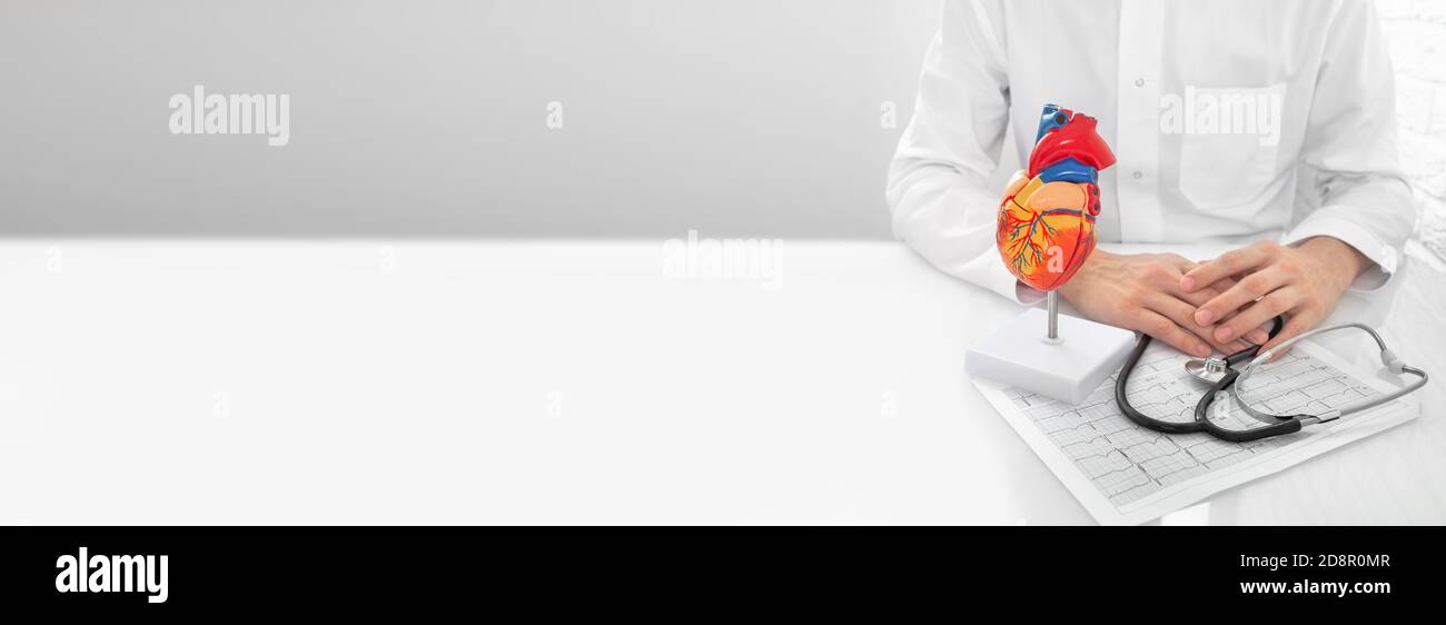 Concetto di cardiologia, diagnostica e assistenza medica sistema cardiovascolare. medico seduto nel suo studio medico prima di un consulto. Banner Web Foto Stock