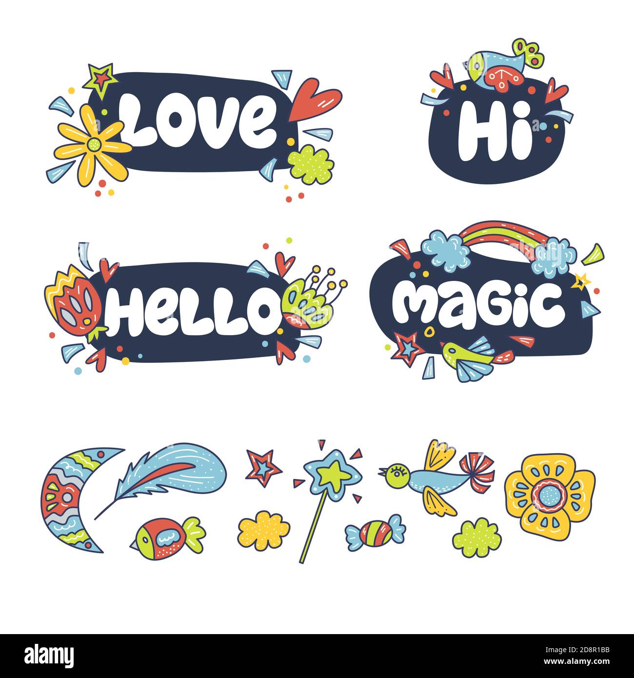 Amore, Ciao, magia, Ciao. Scritte vettoriali con elementi decorativi. Composizione magica e divertente. Piuma, bacchetta magica, fiore, stella, cuore, confetti. Illustrazione Vettoriale