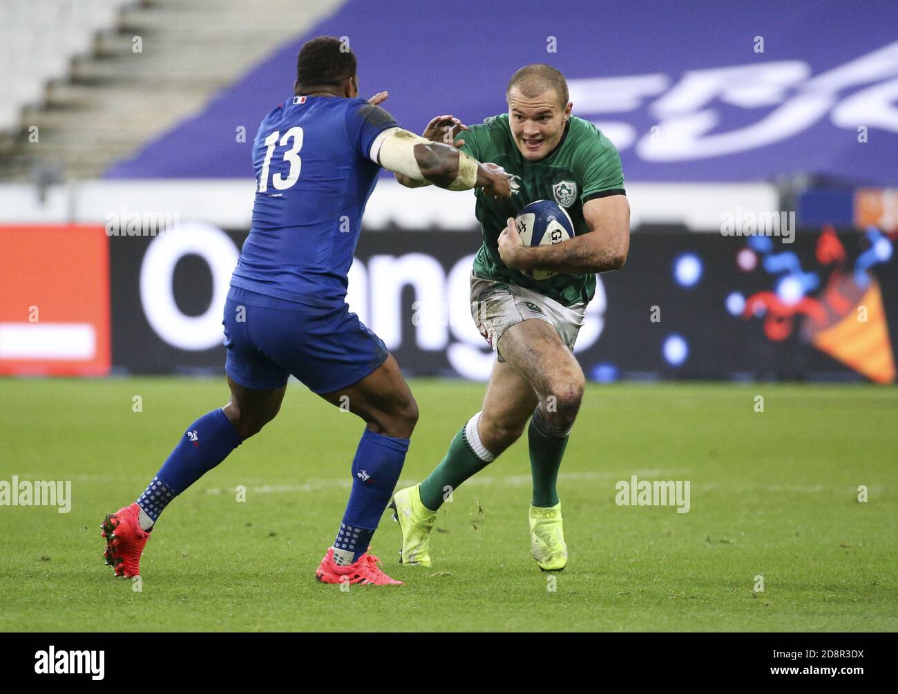 Jacob Stockdale d'Irlanda durante la Guinness Six Nations 2020, partita di rugby tra Francia e Irlanda il 31 ottobre 2020 allo Stade de France C. Foto Stock