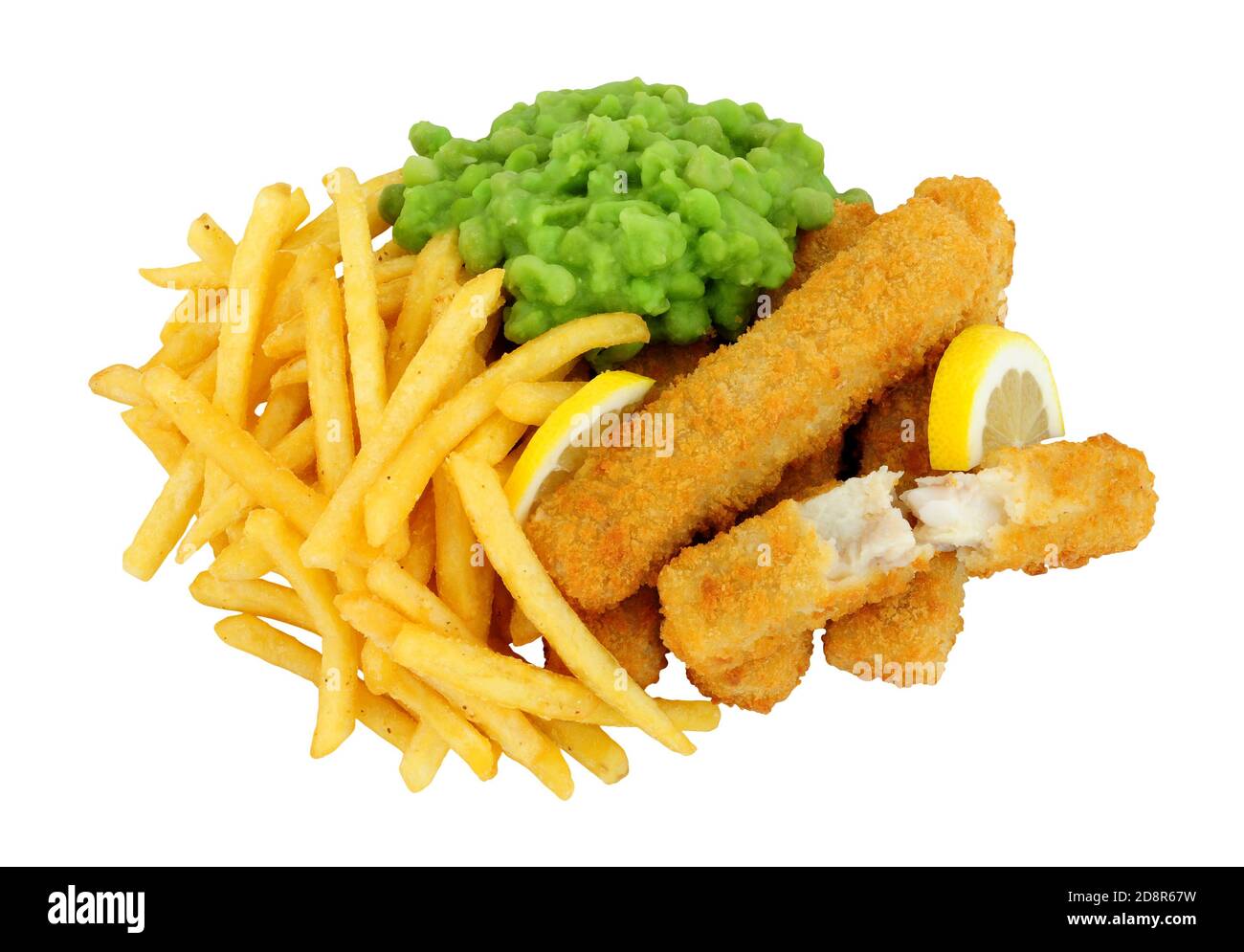 Il pangrattato Jumbo ha coperto le barrette di pesce di merluzzo e patatine pasto con piselli funghi isolati su uno sfondo bianco Foto Stock