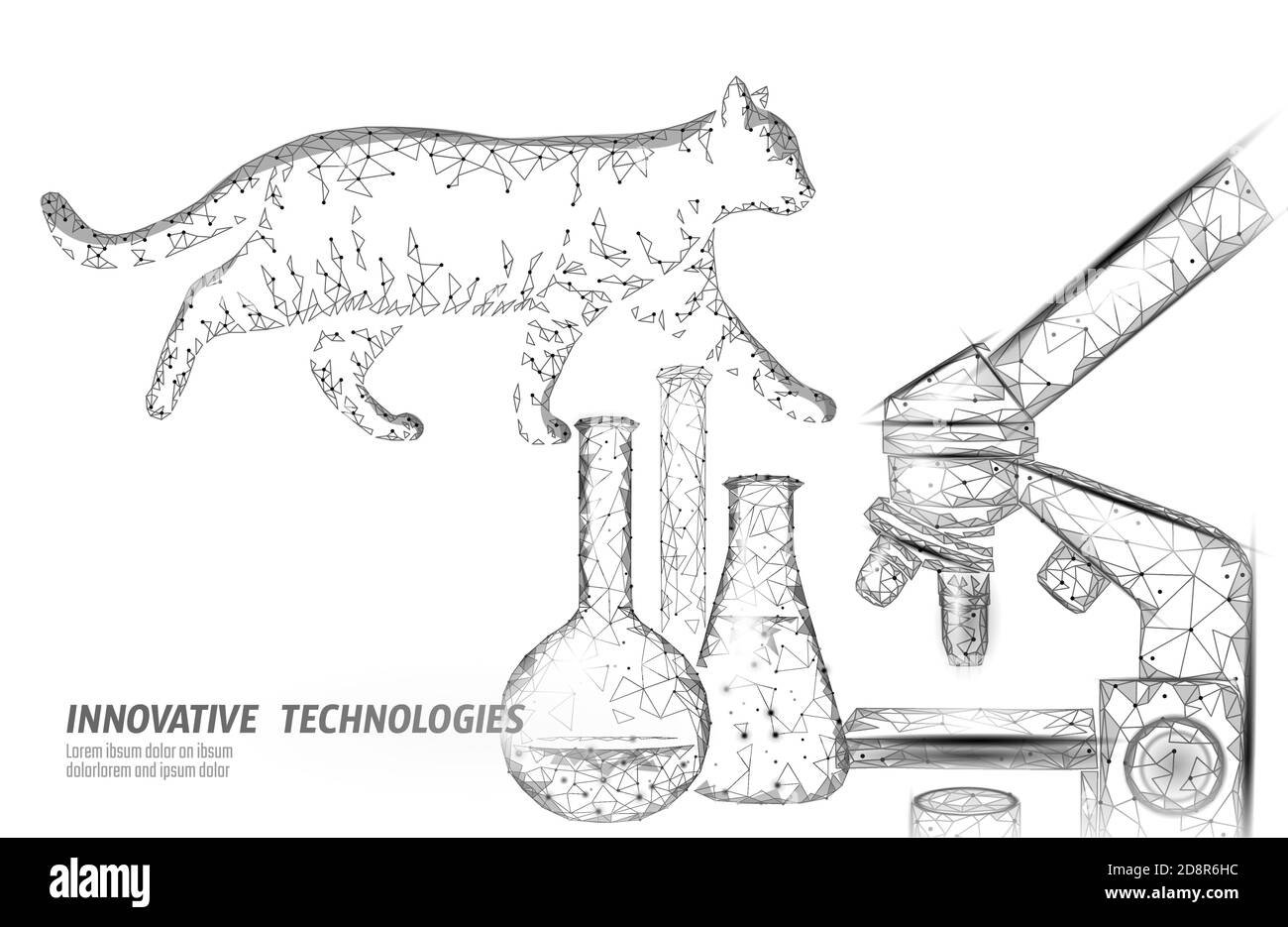 Modello di banner per clinica veterinaria silhouette Cat. Analisi virus microscopio infezione. Vet cura assistenza medica. Vet medico ospedale online logo vettore Illustrazione Vettoriale