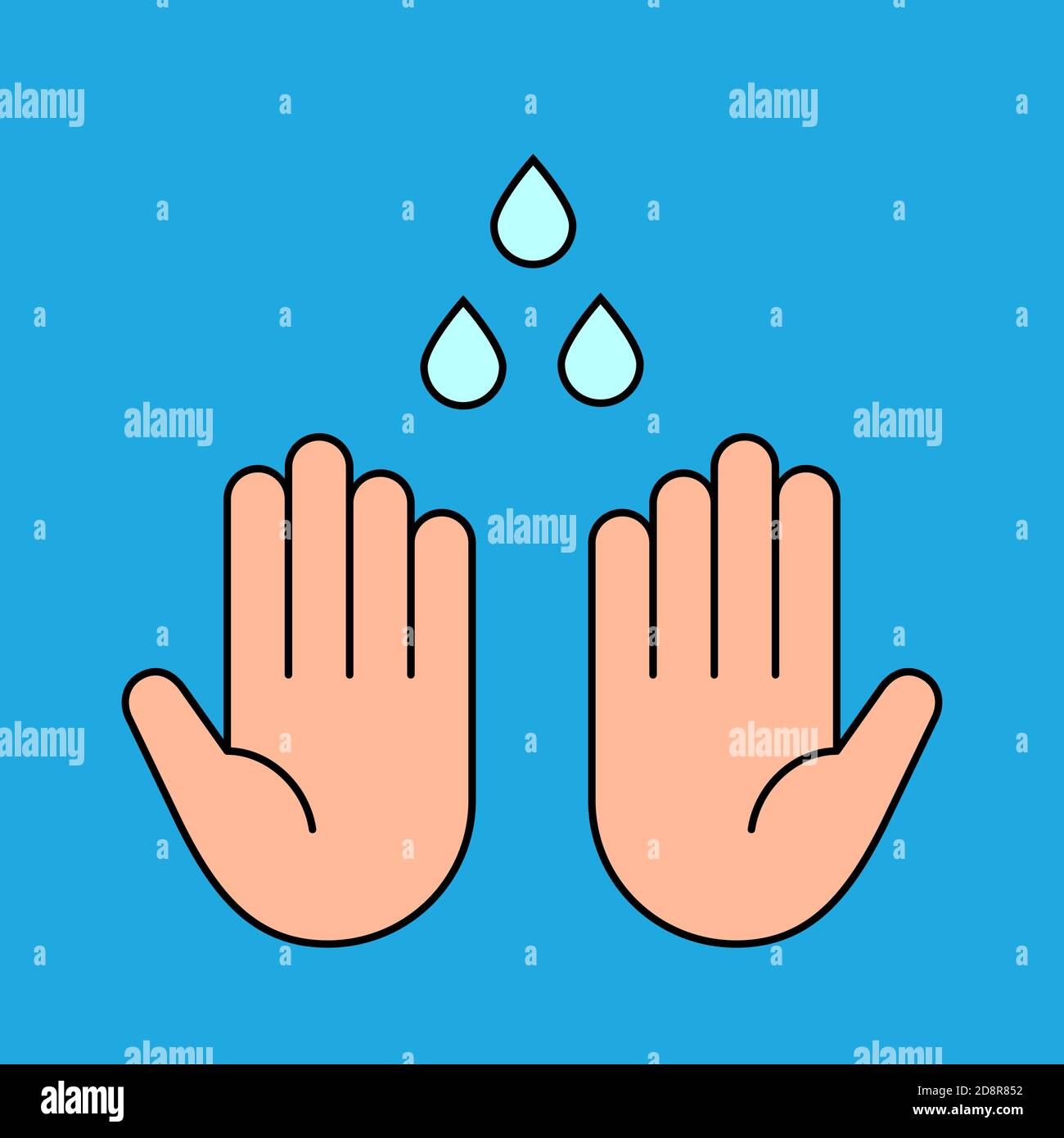 Icona a colori delle mani di lavaggio. Lavare il segnale delle mani. Due palme umane e gocce d'acqua. Misure di sicurezza. Disinfezione. Prevenzione delle malattie infettive.VECTO Illustrazione Vettoriale