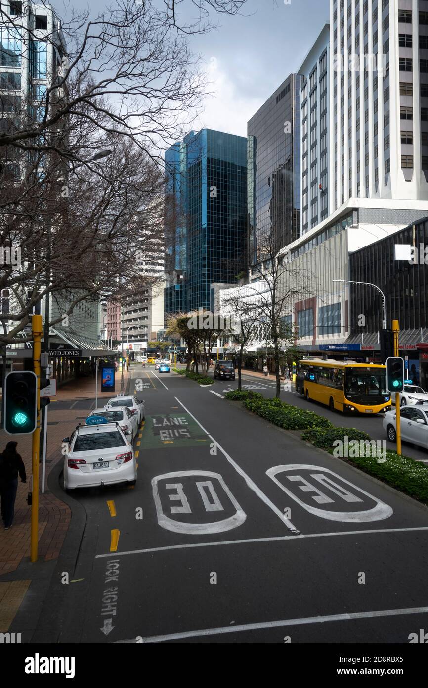 Alti edifici, Lambton Quay, Wellington, North Island, Nuova Zelanda Foto Stock