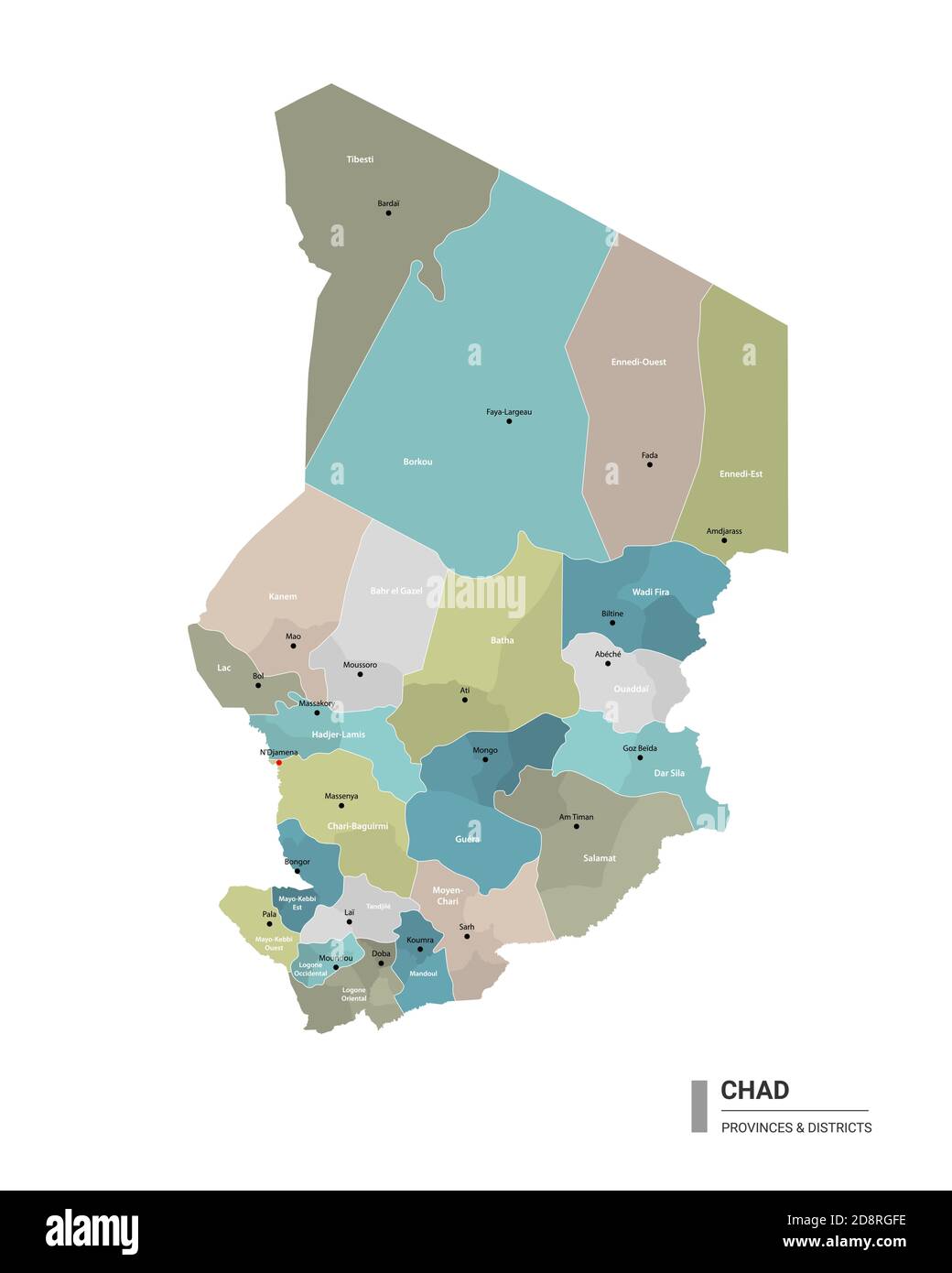 Chad Higt Mappa dettagliata con suddivisioni. Mappa amministrativa del Ciad con il nome dei distretti e delle città, colorata per stati e distretti amministrativi. V Illustrazione Vettoriale