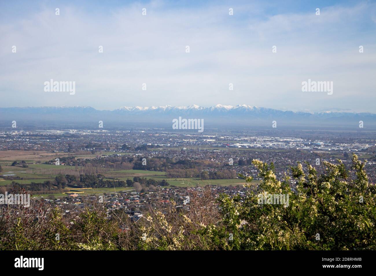 Si affaccia sulla città di Christchurch da una collina che guarda attraverso gli alberi e le montagne dallo sfondo Foto Stock