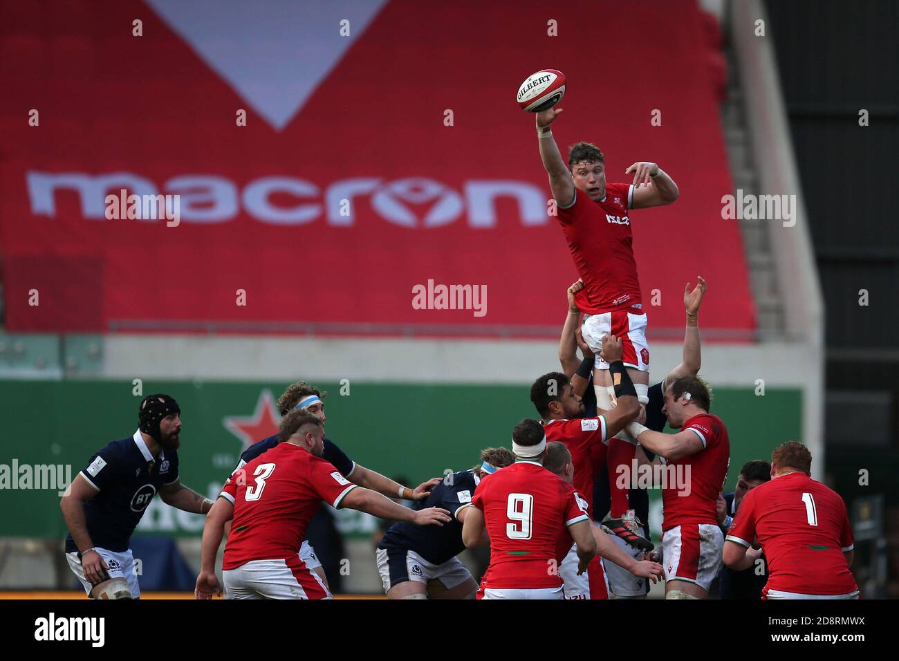 Llanelli, Regno Unito. 31 Ott 2020. Will Rowlands of Wales salta per vincere una palla di allineamento. Partita di campionato Guinness Six Nations 2020, Galles contro Scozia al Parc Y Scarlets di Llanelli, Galles del Sud, sabato 31 ottobre 2020. Questa immagine può essere utilizzata solo per scopi editoriali. Solo per uso editoriale, foto di Andrew Orchard/Andrew Orchard sports photography/Alamy Live news Credit: Andrew Orchard sports photography/Alamy Live News Foto Stock