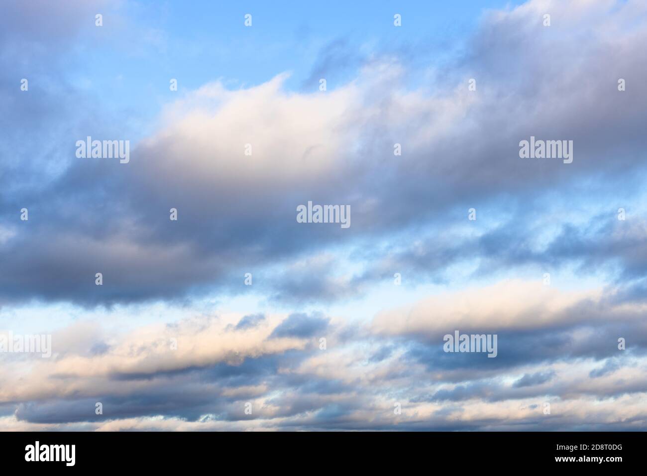 nuvole bianche e grigie basse in cielo blu in autunno crepuscolo Foto Stock