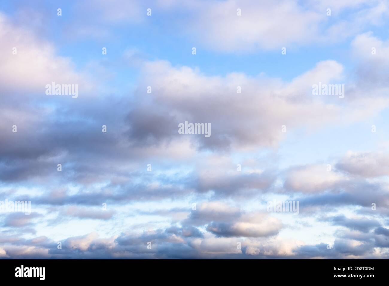 nuvole bianche e grigie in cielo blu in basso crepuscolo autunnale Foto Stock